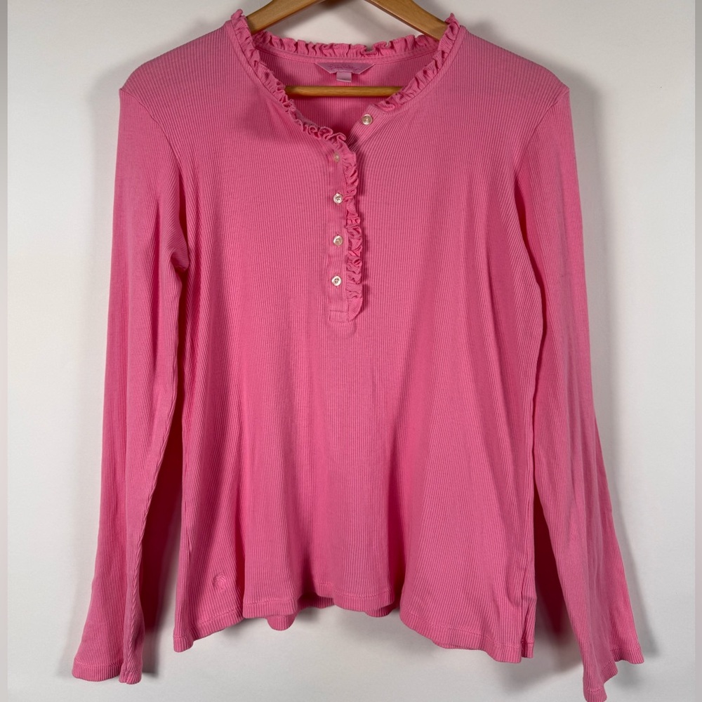 Lilly Pulitzer Ruffle Trim Henley Size XL Ribbed Everyday Casual Preppy Barbie